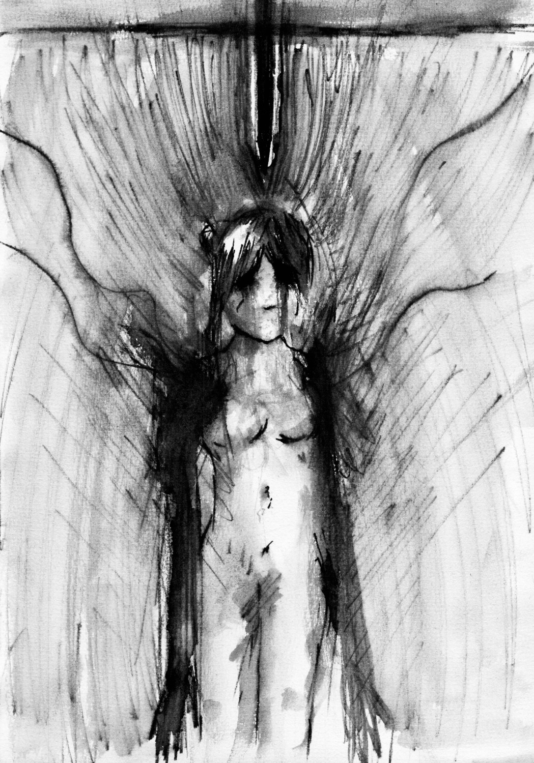 a woman naked and crying, her arms looking like two streams of darkness being ripped away from her as blood falls from her eyes and legs