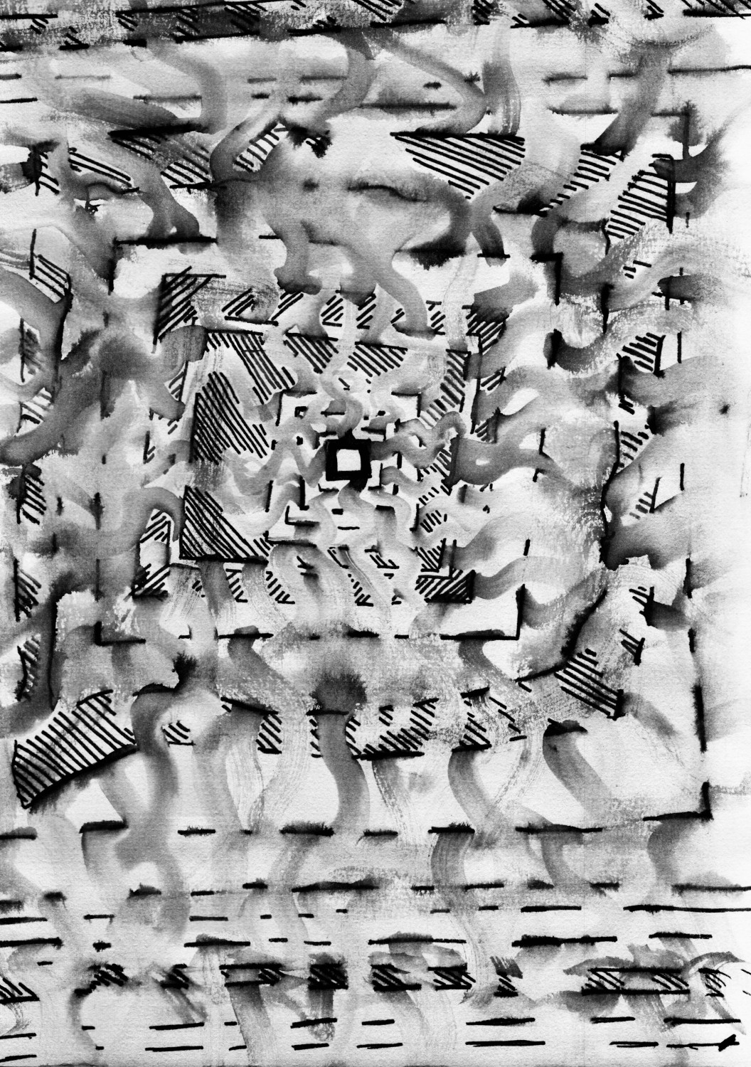abstract illustration of dangerous thoughts creeping and leaking through the rungs of a slanted mind