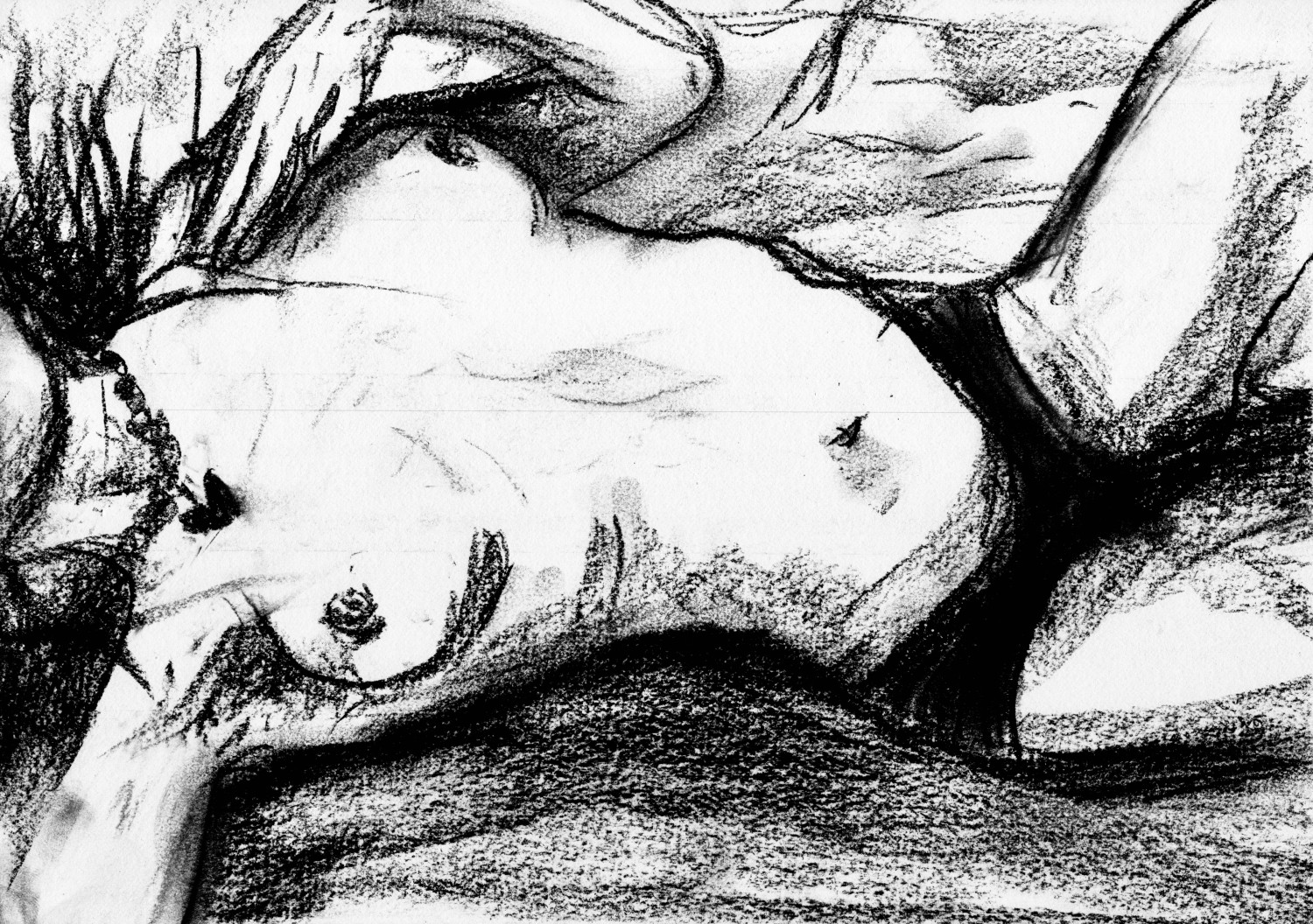A woman in underwear on her bed in the sun, her hand resting lightly on her breast and a small necklace on her neck
