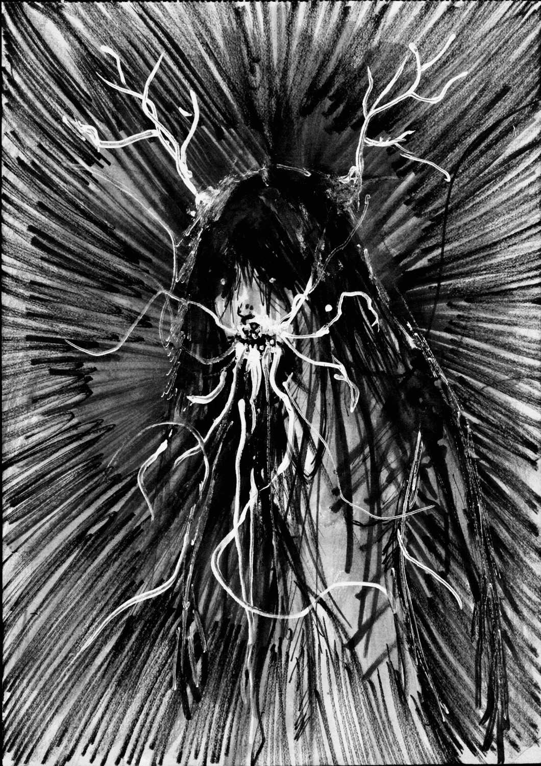 The living remains of a witch-looking woman screaming her soul out into a curse that takes the whole image and the world