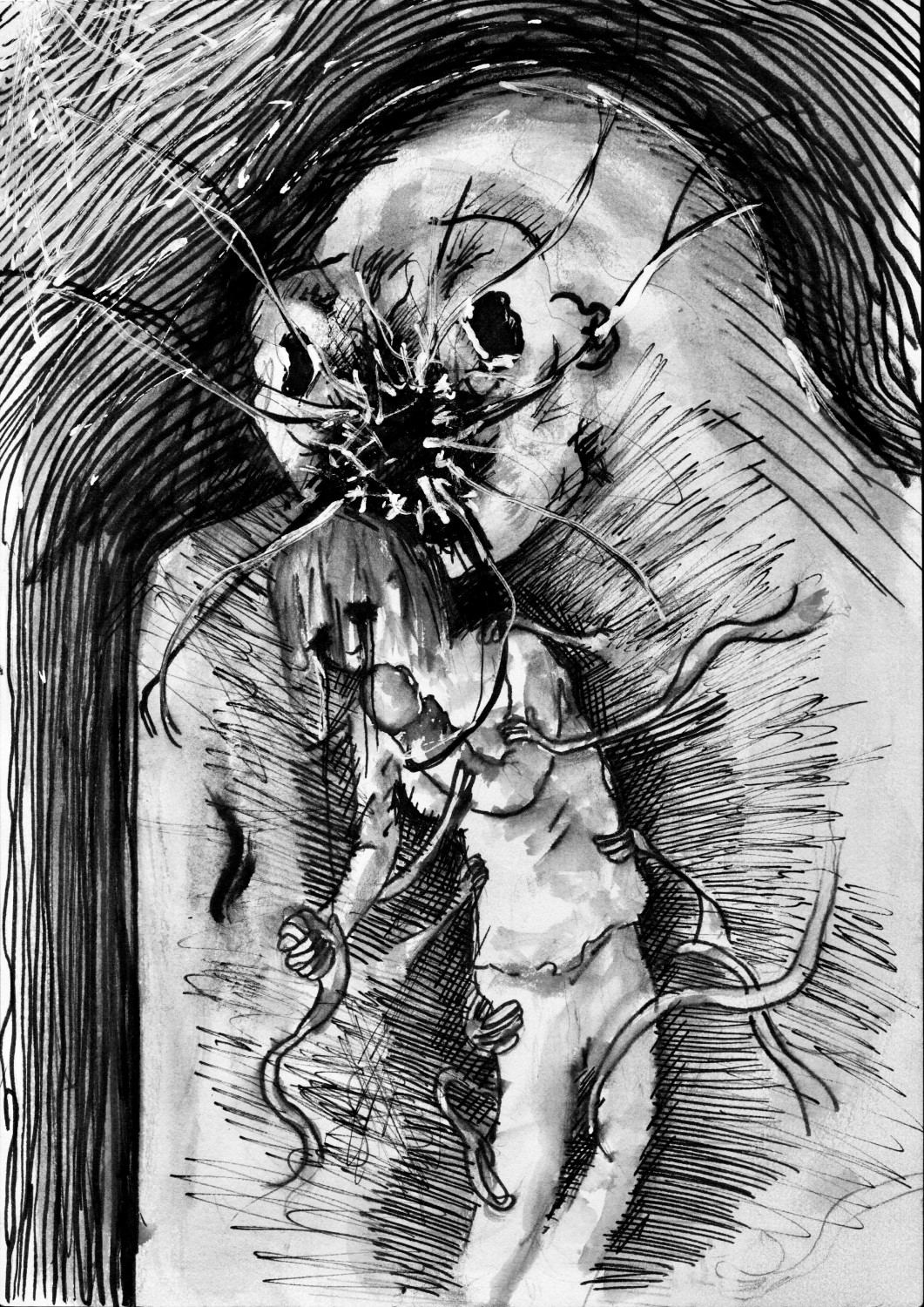 A crying woman disappearing into a larger scarier entity with a skull-like face, standing right behind her, tentacles coming out of it and its mouth to force the woman in